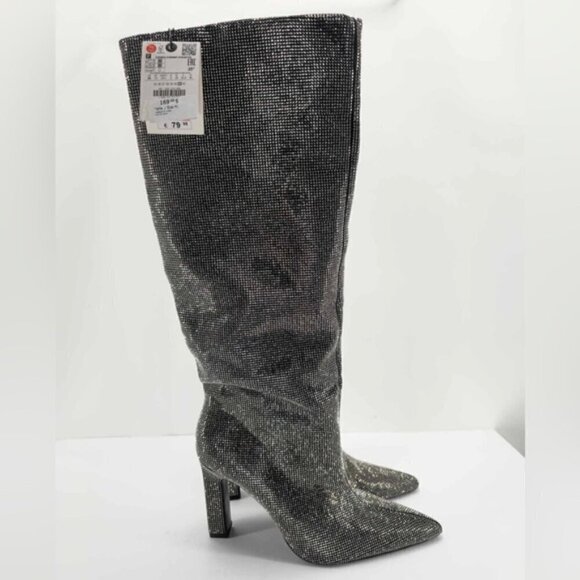Zara - Women's Rhinestone Sparkly Tall Heeled Boots -Silver/Black. Size:10 (US). - Picture 2 of 16